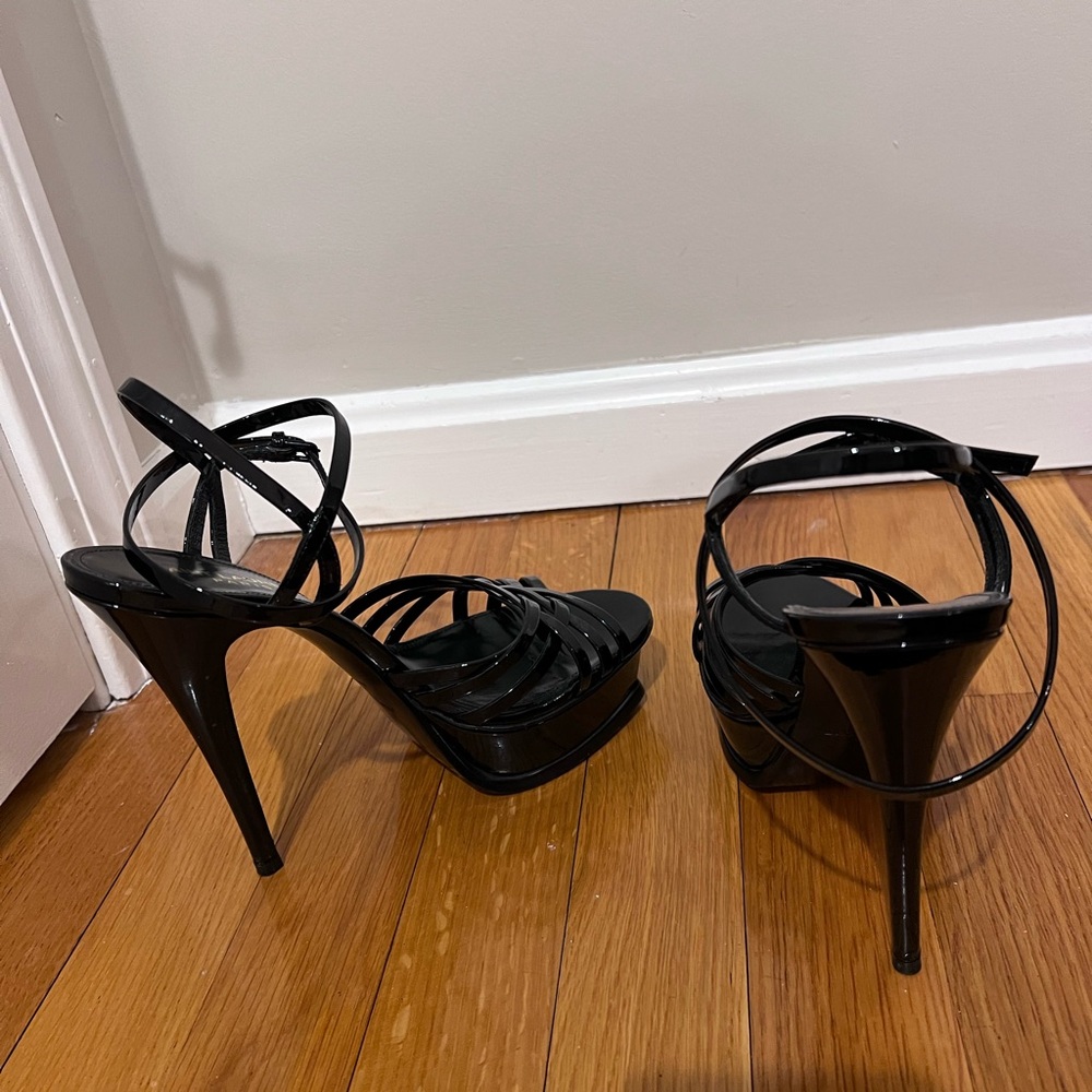 Saint Laurent YSL Black Patent Leather Tribute Cage Platform Criss Cross Heel 37 - Picture 10 of 10